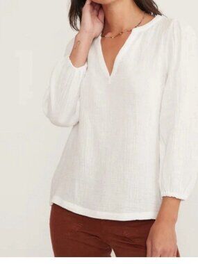 Marine Layer Jamie Banded Collar Top White Cotton Gauze Large V Neck Lightweight